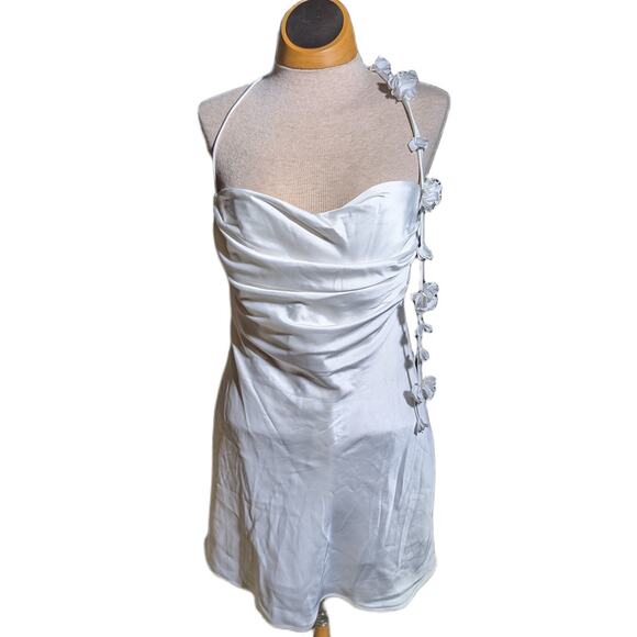 Meshki Otillie White Satin Rose Flower Strap Draped Neck Reception Mini Dress M - Picture 2 of 8